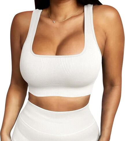 High Impact Sports Bras for Women Square Neck Tank Top Ribbed Seamless Removable Cups Workout Exercise Bra in Saudi Arabia