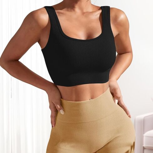 High Impact Sports Bras for Women Square Neck Tank Top Ribbed Seamless Removable Cups Workout Exercise Bra in Saudi Arabia