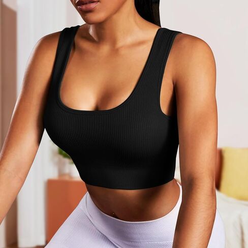 High Impact Sports Bras for Women Square Neck Tank Top Ribbed Seamless Removable Cups Workout Exercise Bra in Saudi Arabia