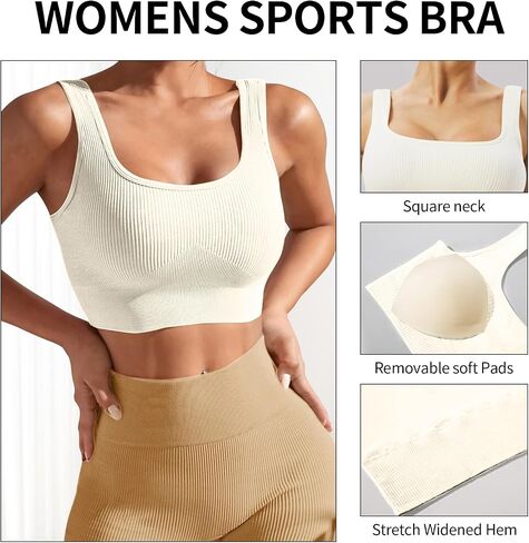 High Impact Sports Bras for Women Square Neck Tank Top Ribbed Seamless Removable Cups Workout Exercise Bra in Saudi Arabia