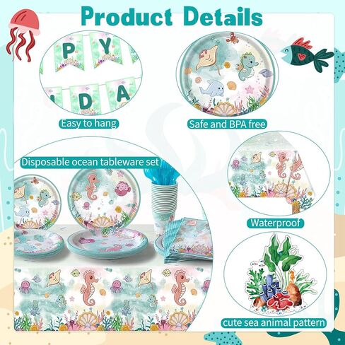 158 قطعة من لوازم الحفلات تحت البحر، أدوات مائدة لحفلات البحر المحيط، ديكورات حفلات تحت الماء، أطباق ورقية لحيوانات البحر اللطيفة، مناديل، أكواب، مفرش طاولة، شاطئ البحر، لوازم حفلات أعياد الميلاد 16 ضيفًا in Kuwait