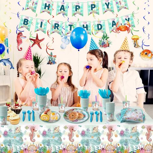 158 قطعة من لوازم الحفلات تحت البحر، أدوات مائدة لحفلات البحر المحيط، ديكورات حفلات تحت الماء، أطباق ورقية لحيوانات البحر اللطيفة، مناديل، أكواب، مفرش طاولة، شاطئ البحر، لوازم حفلات أعياد الميلاد 16 ضيفًا in Kuwait