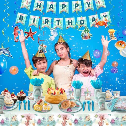 158 قطعة من لوازم الحفلات تحت البحر، أدوات مائدة لحفلات البحر المحيط، ديكورات حفلات تحت الماء، أطباق ورقية لحيوانات البحر اللطيفة، مناديل، أكواب، مفرش طاولة، شاطئ البحر، لوازم حفلات أعياد الميلاد 16 ضيفًا in Kuwait