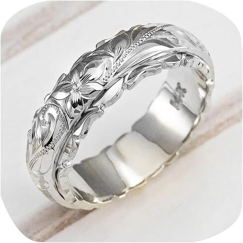 Rose Gold Plated 925 Sterling Silver Hawaiian Princess Plumeria Flower Scroll Promise Ring Stackable Wedding Engagement Band Engraved Rose Flower Ring for Women(Rose Gold 7#) in Saudi Arabia