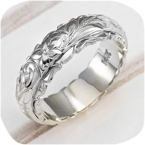 Rose Gold Plated 925 Sterling Silver Hawaiian Princess Plumeria Flower Scroll Promise Ring Stackable Wedding Engagement Band Engraved Rose Flower Ring for Women(Rose Gold 7#) in Saudi Arabia