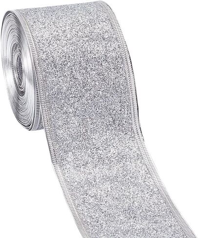 GORGECRAFT 10 Yards Sparkle Ribbon with Wired Edge Glitter Ribbon 2 Inch Silver Wrapping Gifts & Custom DIY Crafts Decorative Confetti Glitter Wired Ribbons for Gift Wrapping Party Decoration in Saudi Arabia
