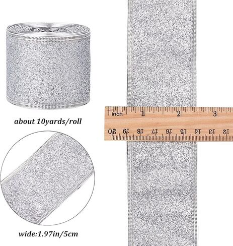GORGECRAFT 10 Yards Sparkle Ribbon with Wired Edge Glitter Ribbon 2 Inch Silver Wrapping Gifts & Custom DIY Crafts Decorative Confetti Glitter Wired Ribbons for Gift Wrapping Party Decoration in Saudi Arabia