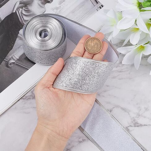 GORGECRAFT 10 Yards Sparkle Ribbon with Wired Edge Glitter Ribbon 2 Inch Silver Wrapping Gifts & Custom DIY Crafts Decorative Confetti Glitter Wired Ribbons for Gift Wrapping Party Decoration in Saudi Arabia