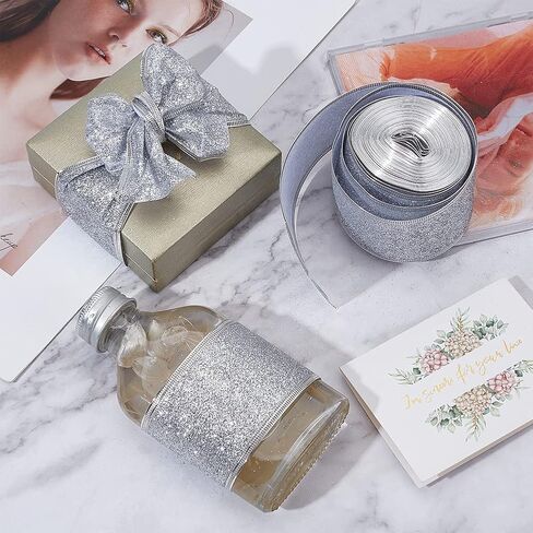 GORGECRAFT 10 Yards Sparkle Ribbon with Wired Edge Glitter Ribbon 2 Inch Silver Wrapping Gifts & Custom DIY Crafts Decorative Confetti Glitter Wired Ribbons for Gift Wrapping Party Decoration in Saudi Arabia