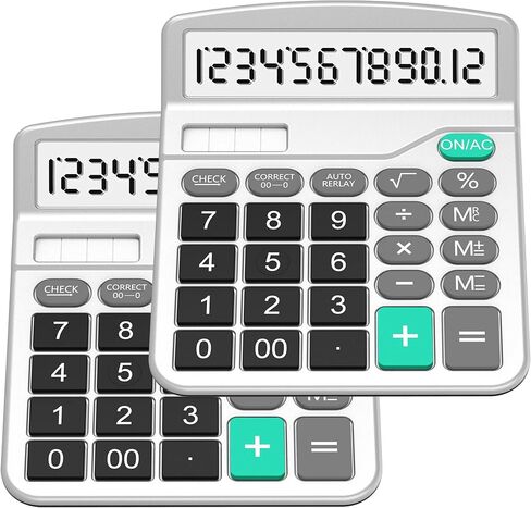Calculator, Splaks Standard Functional Desktop Calculator Solar and AA Battery Dual Power Electronic Calculator with 12-Digit Large Display (2 Updated Silver) in Kuwait
