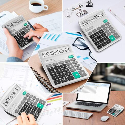 Calculator, Splaks Standard Functional Desktop Calculator Solar and AA Battery Dual Power Electronic Calculator with 12-Digit Large Display (2 Updated Silver) in Kuwait