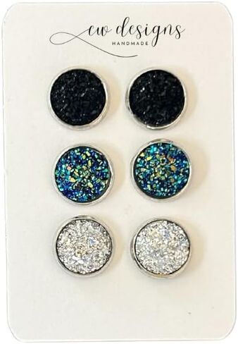 مجموعة أقراط Druzy - أقراط Druzy صناعية فضية وزرقاء وسوداء in Saudi Arabia