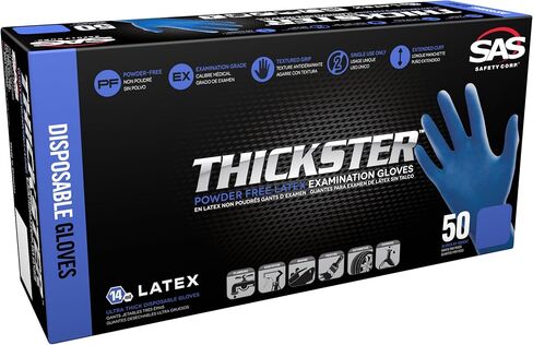 SAS Thickster Powder-Free Exam Grade Latex Disposable Gloves - 10 Boxes / 50 Ea. 500 Gloves Total. 14 Mil, 2XL, Blue. Fully Textured. 12" Length. Disposable Gloves. Puncture Resistant (6605-20) in Saudi Arabia