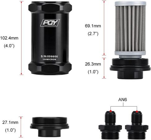 فلتر الوقود PQYRACING AN6 المضمن PQY E85 الإيثانول مع عنصر الفولاذ المقاوم للصدأ 100 ميكرون وملصق PQY in Kuwait