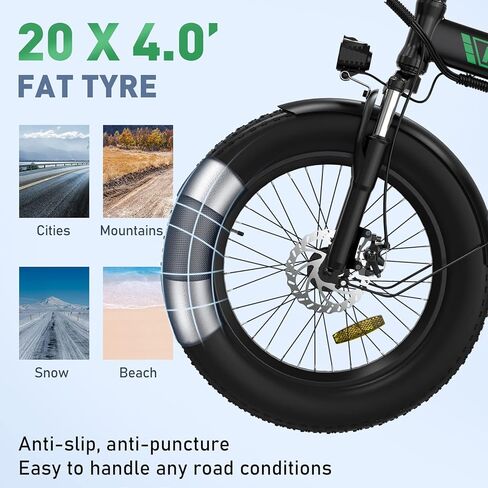 Electric Bike for Adults, 20" x 4.0 Fat Tire Ebike with 750W Motor, 48V/15Ah Foldable Electric Bicycle, E Bike Long Range for Mountain Beach Snow, 7-Speed, UL2849 Certified in Kuwait
