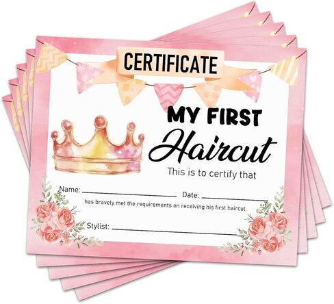 25 شهادة قص شعر التاج الوردي للفتيات الصغيرات، شهادة تذكار لقص الشعر الأول للفتيات، علامة بارزة، جائزة قص الشعر الأولى للفتيات والأطفال مقاس 8 بوصات × 10 بوصات - FS222 in Kuwait