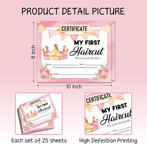 25 شهادة قص شعر التاج الوردي للفتيات الصغيرات، شهادة تذكار لقص الشعر الأول للفتيات، علامة بارزة، جائزة قص الشعر الأولى للفتيات والأطفال مقاس 8 بوصات × 10 بوصات - FS222 in Kuwait