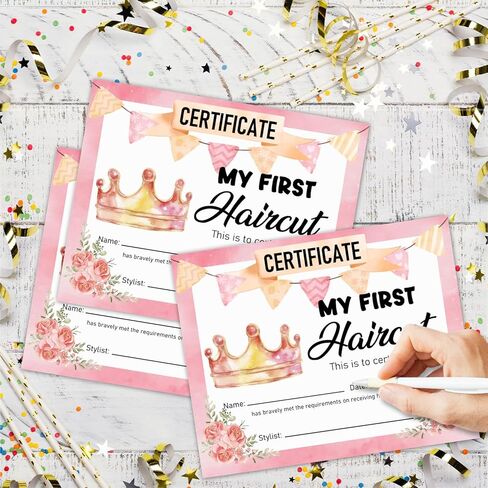 25 شهادة قص شعر التاج الوردي للفتيات الصغيرات، شهادة تذكار لقص الشعر الأول للفتيات، علامة بارزة، جائزة قص الشعر الأولى للفتيات والأطفال مقاس 8 بوصات × 10 بوصات - FS222 in Kuwait