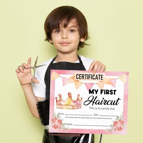 25 شهادة قص شعر التاج الوردي للفتيات الصغيرات، شهادة تذكار لقص الشعر الأول للفتيات، علامة بارزة، جائزة قص الشعر الأولى للفتيات والأطفال مقاس 8 بوصات × 10 بوصات - FS222 in Kuwait