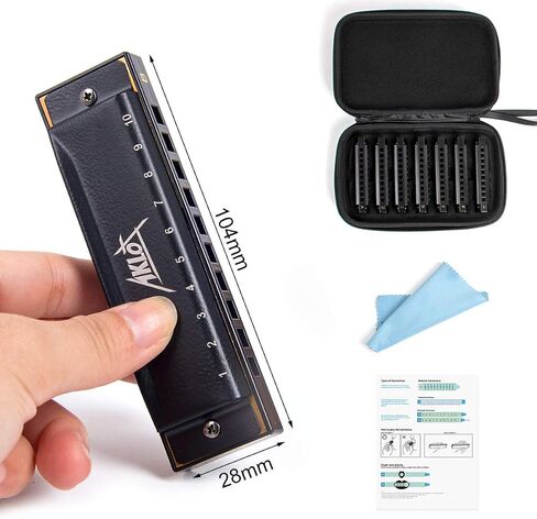 Blues Harmonica, AKLOT 10 Holes Harmonicas Set for Kids Adults Key of A B C D E F G 7 Tone with Hard Case Black in Saudi Arabia