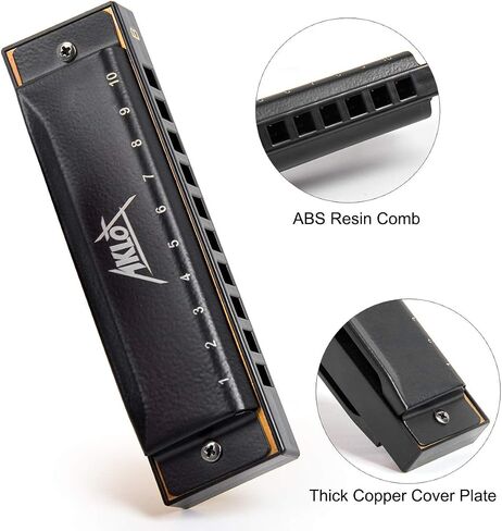 Blues Harmonica, AKLOT 10 Holes Harmonicas Set for Kids Adults Key of A B C D E F G 7 Tone with Hard Case Black in Saudi Arabia
