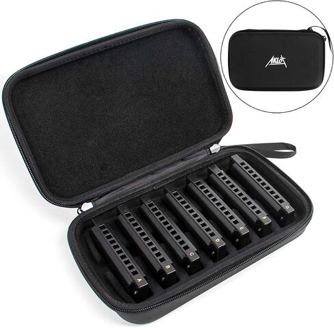 Blues Harmonica, AKLOT 10 Holes Harmonicas Set for Kids Adults Key of A B C D E F G 7 Tone with Hard Case Black in Saudi Arabia