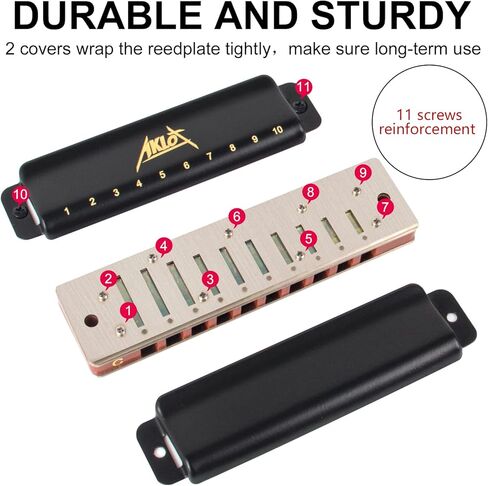 بلوز هارمونيكا، مجموعة هارمونيكا AKLOT ذات 10 فتحات للأطفال والكبار مفتاح A B C D E F G 7 درجات مع حافظة صلبة سوداء in Kuwait