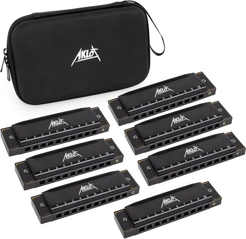 Blues Harmonica, AKLOT 10 Holes Harmonicas Set for Kids Adults Key of A B C D E F G 7 Tone with Hard Case Black in Saudi Arabia