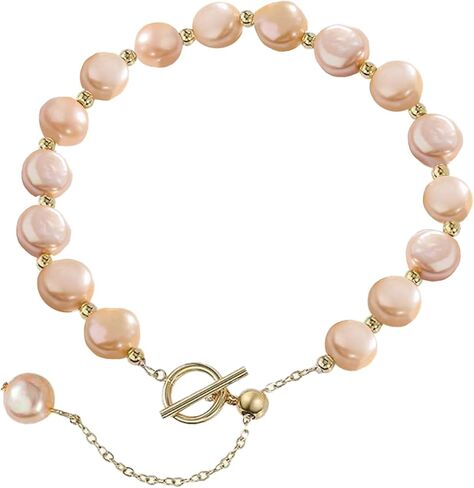 سوار اللؤلؤ الوردي 14K مطلي بالذهب لؤلؤ المياه العذبة الباروك O/T & سلسلة المنزلق سوار قابل للتعديل للنساء الفتيات in Kuwait