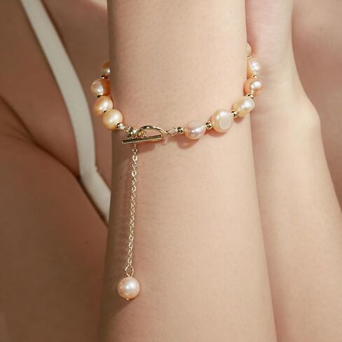 سوار اللؤلؤ الوردي 14K مطلي بالذهب لؤلؤ المياه العذبة الباروك O/T & سلسلة المنزلق سوار قابل للتعديل للنساء الفتيات in Kuwait