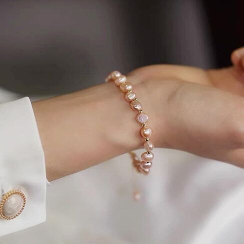 سوار اللؤلؤ الوردي 14K مطلي بالذهب لؤلؤ المياه العذبة الباروك O/T & سلسلة المنزلق سوار قابل للتعديل للنساء الفتيات in Kuwait