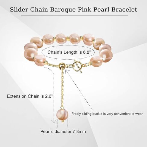 سوار اللؤلؤ الوردي 14K مطلي بالذهب لؤلؤ المياه العذبة الباروك O/T & سلسلة المنزلق سوار قابل للتعديل للنساء الفتيات in Kuwait