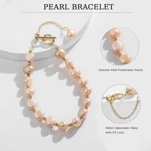 سوار اللؤلؤ الوردي 14K مطلي بالذهب لؤلؤ المياه العذبة الباروك O/T & سلسلة المنزلق سوار قابل للتعديل للنساء الفتيات in Kuwait