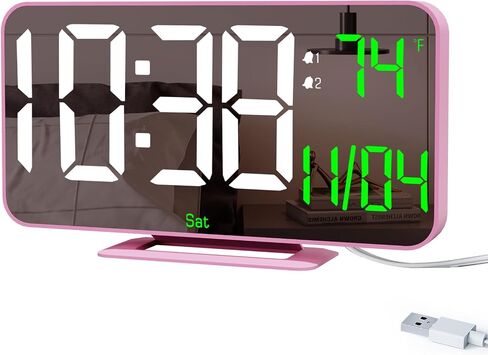 LED Clock Digital, 6.7" Small Mirror Clocks for Bedroom, Dual Alarm Clock with Auto Dimming, Time/Date/Day/Seconds/Temperature, 12/24 Hour Desk Clock for Kids, Teens Girls, Women(Creamy Pink) in Saudi Arabia