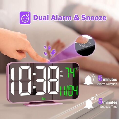 LED Clock Digital, 6.7" Small Mirror Clocks for Bedroom, Dual Alarm Clock with Auto Dimming, Time/Date/Day/Seconds/Temperature, 12/24 Hour Desk Clock for Kids, Teens Girls, Women(Creamy Pink) in Saudi Arabia
