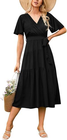 Justay فساتين ماكسي نسائية صيفية بوهو مطبوعة بالزهور فساتين واسعة برقبة على شكل حرف V فساتين ملفوفة متوسطة الطول للنساء 2024 in Kuwait