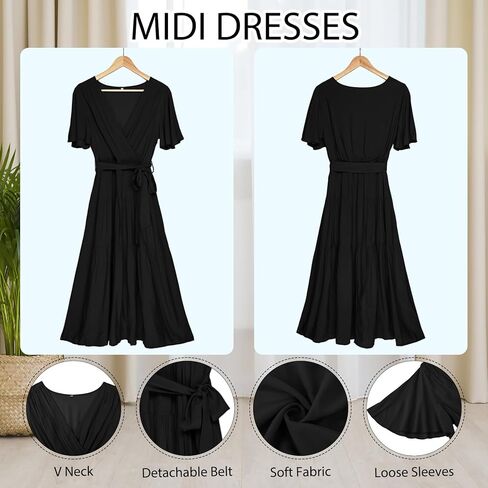 Justay فساتين ماكسي نسائية صيفية بوهو مطبوعة بالزهور فساتين واسعة برقبة على شكل حرف V فساتين ملفوفة متوسطة الطول للنساء 2024 in Kuwait