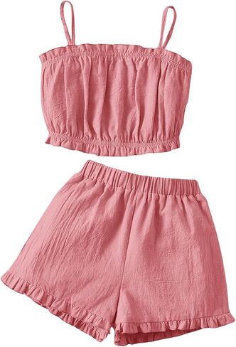 OYOANGLE Girl's 2 Piece Outfits Ruched Frill Trim Sleeveless Spaghetti Straps Cami Top and Elastic Waist Shorts Set in Saudi Arabia