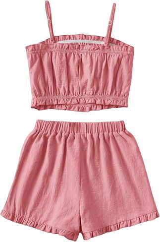 OYOANGLE Girl's 2 Piece Outfits Ruched Frill Trim Sleeveless Spaghetti Straps Cami Top and Elastic Waist Shorts Set in Saudi Arabia