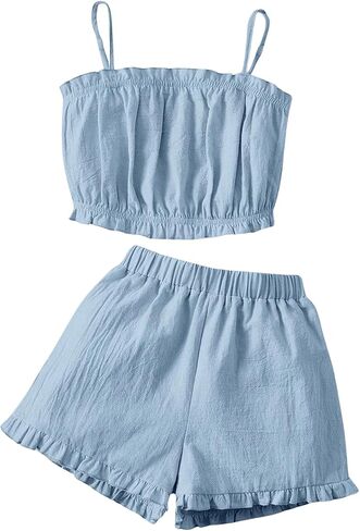 OYOANGLE Girl's 2 Piece Outfits Ruched Frill Trim Sleeveless Spaghetti Straps Cami Top and Elastic Waist Shorts Set in Saudi Arabia