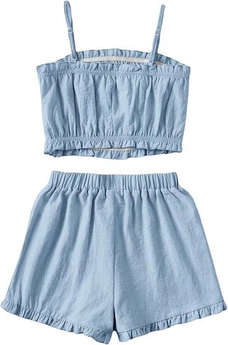OYOANGLE Girl's 2 Piece Outfits Ruched Frill Trim Sleeveless Spaghetti Straps Cami Top and Elastic Waist Shorts Set in Saudi Arabia