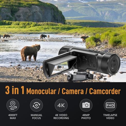 3 in 1 Monocular/Camera/Camcorder, Max 4000ft 104X Digital Telescope with 3.0" Screen/Hood/Battery/SD Card/Case, 4K Video /48MP Photo/Timelapse Recording Telescope Camera for Hunting in Kuwait