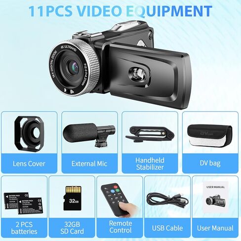 4K Video Camera Camcorder Beginner - 4K 60FPS Video Recorder, 48MP Photo, 3.0" Flip Screen, 18X Digital Zoom, 4K Digital Camcoder with SD Card, External Mic, Handgrip, 2 Batteries, Hood in Kuwait