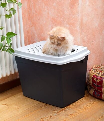 صندوق فضلات القطط من Ferplast Jumpy مع مدخل علوي؛ صندوق فضلات مضاد للكلاب مع شبكة فضلات علوية؛ 22.56 × 15.28 × 15.56؛ اسود وكريم in Kuwait