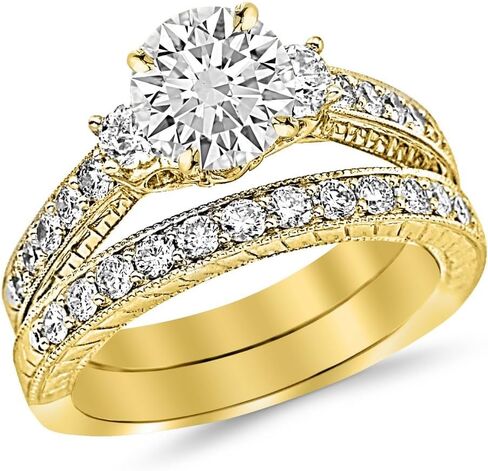 14K White Gold 3 Carat LAB GROWN DIAMOND Three Stone Vintage With Milgrain & Filigree Bridal Set with Wedding Band & Round Cut Diamond Engagement Ring (D-E Color VS1-VS2 Clarity 2 Ct Center) in Saudi Arabia