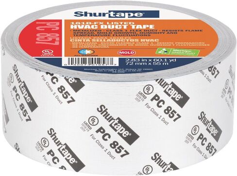 شريط لاصق Shurtape PC 857 UL 181B-FX من القماش المطبوع المقاوم للماء HVAC، يُستخدم لإغلاق الدرزات والانضمام إلى قناة مرنة من الفئة 1، 48 مم × 55 مترًا، مطبوع معدني فضي، لفة واحدة (101015) in Kuwait
