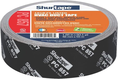 شريط لاصق Shurtape PC 857 UL 181B-FX من القماش المطبوع المقاوم للماء HVAC، يُستخدم لإغلاق الدرزات والانضمام إلى قناة مرنة من الفئة 1، 48 مم × 55 مترًا، مطبوع معدني فضي، لفة واحدة (101015) in Kuwait