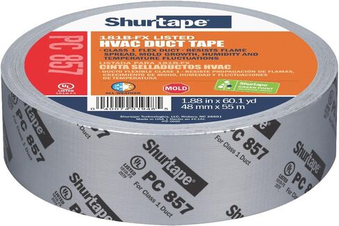 شريط لاصق Shurtape PC 857 UL 181B-FX من القماش المطبوع المقاوم للماء HVAC، يُستخدم لإغلاق الدرزات والانضمام إلى قناة مرنة من الفئة 1، 48 مم × 55 مترًا، مطبوع معدني فضي، لفة واحدة (101015) in Kuwait
