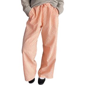 Owl's-Yard Women Y2K Gingham Print Pants Elastic Waist Dreawstring Wide Leg Trousers Striped Casual Lounge Pants with Pockets
