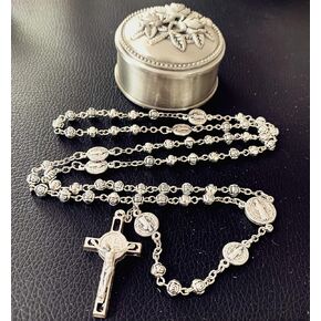 elegantmedical Handmade Silver Rose Beads St. Benedict Rosary Catholic Necklace Crucifix Cross Jerusalem